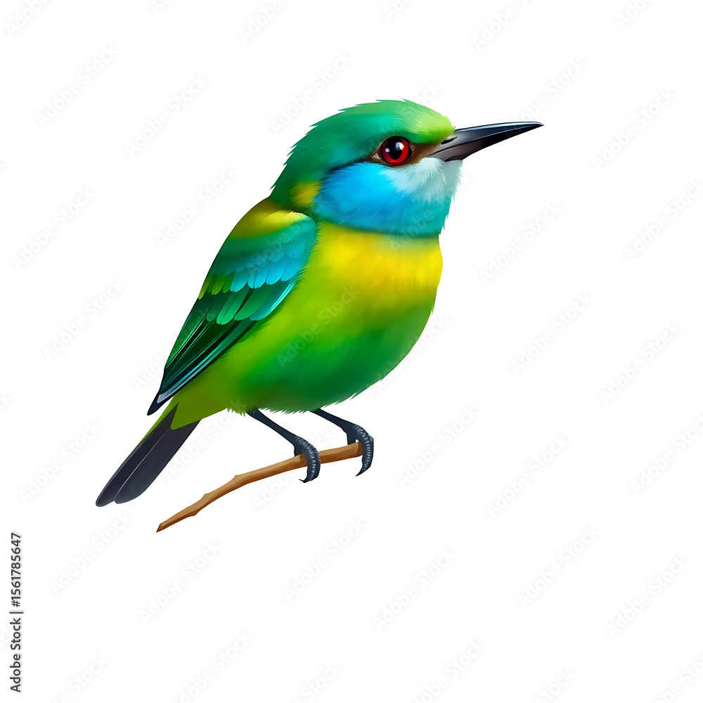 Fototapeta premium Vibrant Stylized Colorful Bird Perched on Branch Isolated