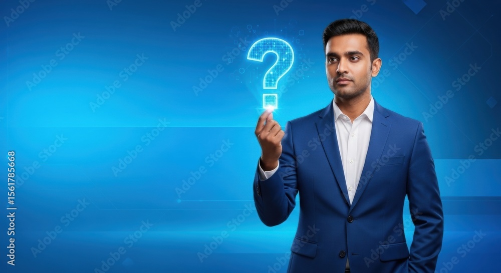 Young handsome asian man entrepreneur or businessman in suit holding digital question mark. Concept of business solutions. Young handsome asian man entrepreneur or businessman in suit holding digital question mark. Concept of business solutions.