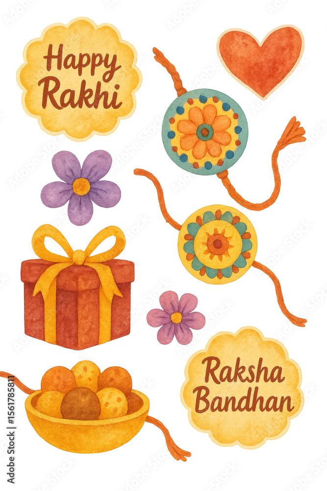 Naklejka premium Watercolor sticker set of Raksha Bandhan including gift boxes, rakhis, sweets, flowers, heart, and festive greeting in warm yellow and orange hues