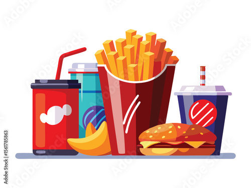 Delicious fast food meal with burger fries and drinks isolated on white background
