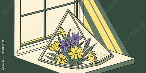 Aesthetic yellow and purple flowers arranged in a triangular glass vase on a sunny windowsill in green background vector illustration