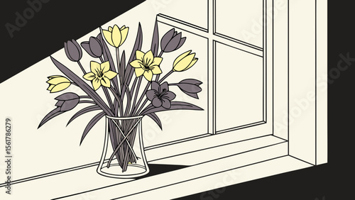 Aesthetic yellow and purple flowers arranged in a triangular glass vase on a sunny windowsill in black background vector illustration