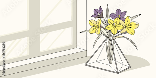 Aesthetic yellow and purple flowers arranged in a triangular glass vase on a sunny windowsill in white  background vector illustration