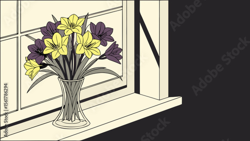 Aesthetic yellow and purple flowers arranged in a triangular glass vase on a sunny windowsill in black background vector illustration