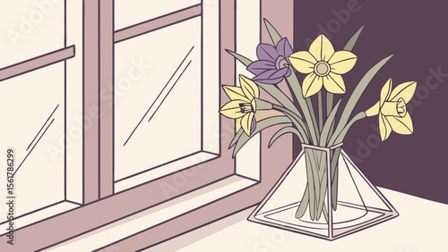 Aesthetic yellow and purple flowers arranged in a triangular glass vase on a sunny windowsill in pink background vector illustration