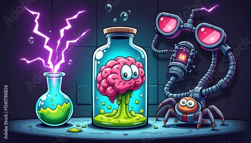 Cartoon brain in a jar in a spooky mad scientist laboratory with robot spider