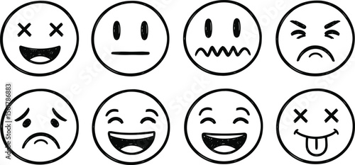 Set of hand drawn emojis. Vector emoticon design elements for banners, flyer, cards, poster, collages, ads and web.