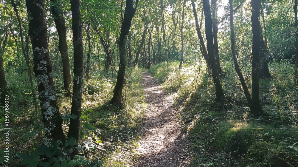 Obraz premium Sunlight in a European forest with a hiking trail
