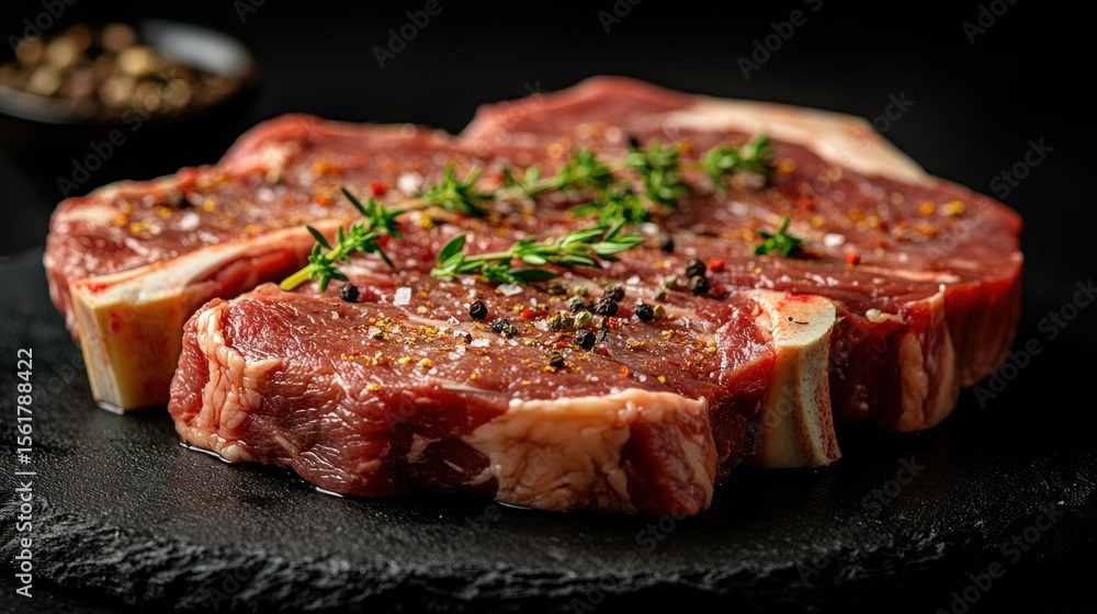 Three raw beef steaks, seasoned with herbs and spices, on a dark stone platter Three raw beef steaks, seasoned with herbs and spices, on a dark stone platter