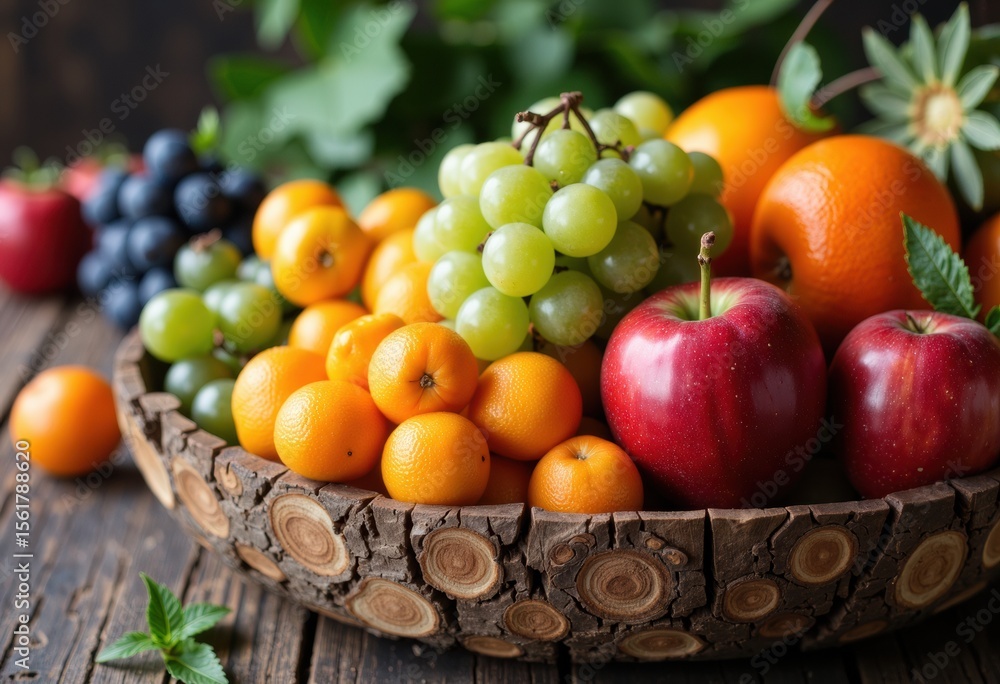 Fresh assorted fruits including apples, oranges, grapes, and apricots in a rustic wooden bowl Fresh assorted fruits including apples, oranges, grapes, and apricots in a rustic wooden bowl