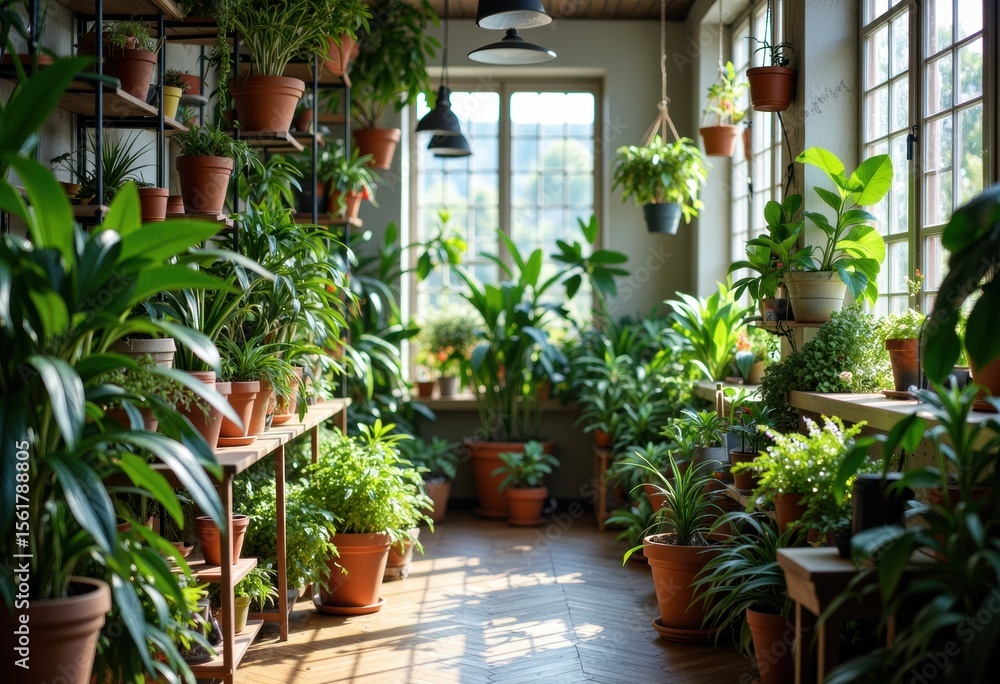 Fototapeta premium Bright indoor garden filled with lush green plants and natural sunlight streaming through windows