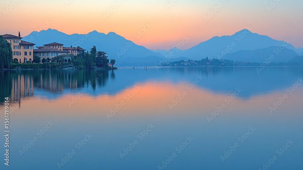 Fototapeta premium Calm lake sunrise, pastel hues, tranquil scene