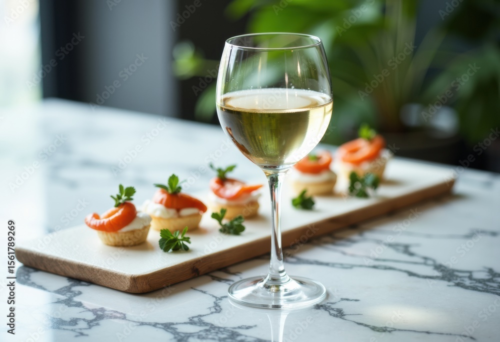 A glass of white wine placed on a marble table with appetizers and greenery in the background A glass of white wine placed on a marble table with appetizers and greenery in the background