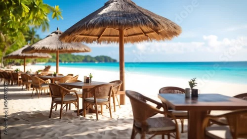 Wallpaper Mural Tropical Beach Restaurant With Umbrellas And Tables Torontodigital.ca