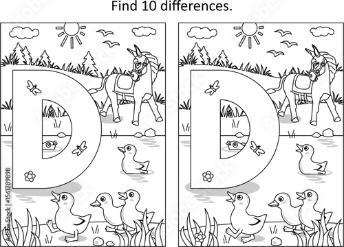 Letter D difference game and coloring page. D is for ducklings. D is for donkey.
