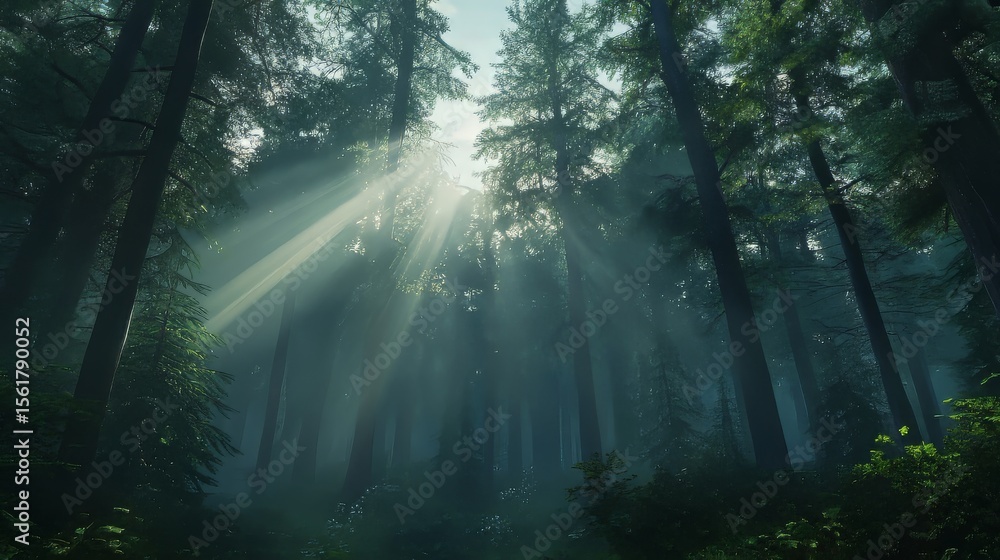 Obraz premium Sunlight shining through the forest canopy, with a low-angle view