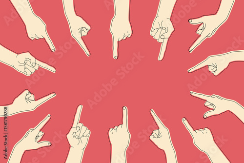 Hands with index fingers around background. Human hands pointing at something. Vector