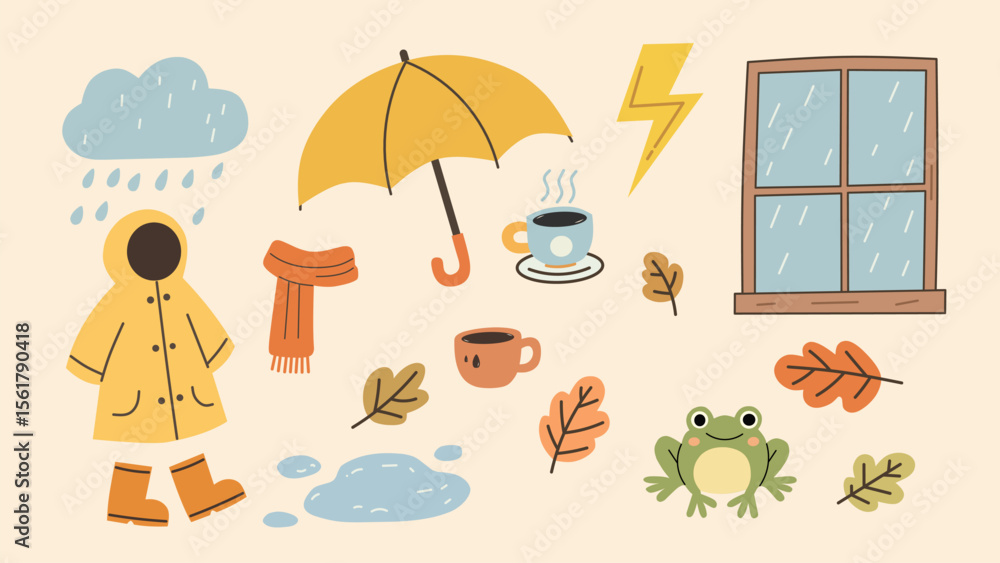 Fototapeta premium Cute flat illustration of rainy season essentials : raincoat, umbrella, boots, window, coffee, lightning, puddle, frog, and autumn leaves. Perfect for weather, kids, or seasonal design themes.