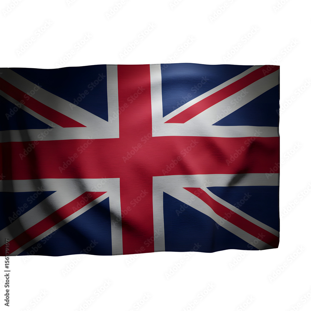 Fototapeta premium High-resolution waving United Kingdom flag (Union Jack) isolated on transparent background—perfect for websites, presentations, patriotic designs, and international graphics.