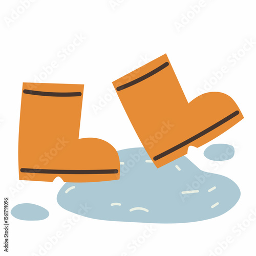 Flat vector of orange rain boots stepping in a puddle. Perfect for rainy season, kids’ gear, wet weather concepts, monsoon visuals, or outdoor activity illustrations.