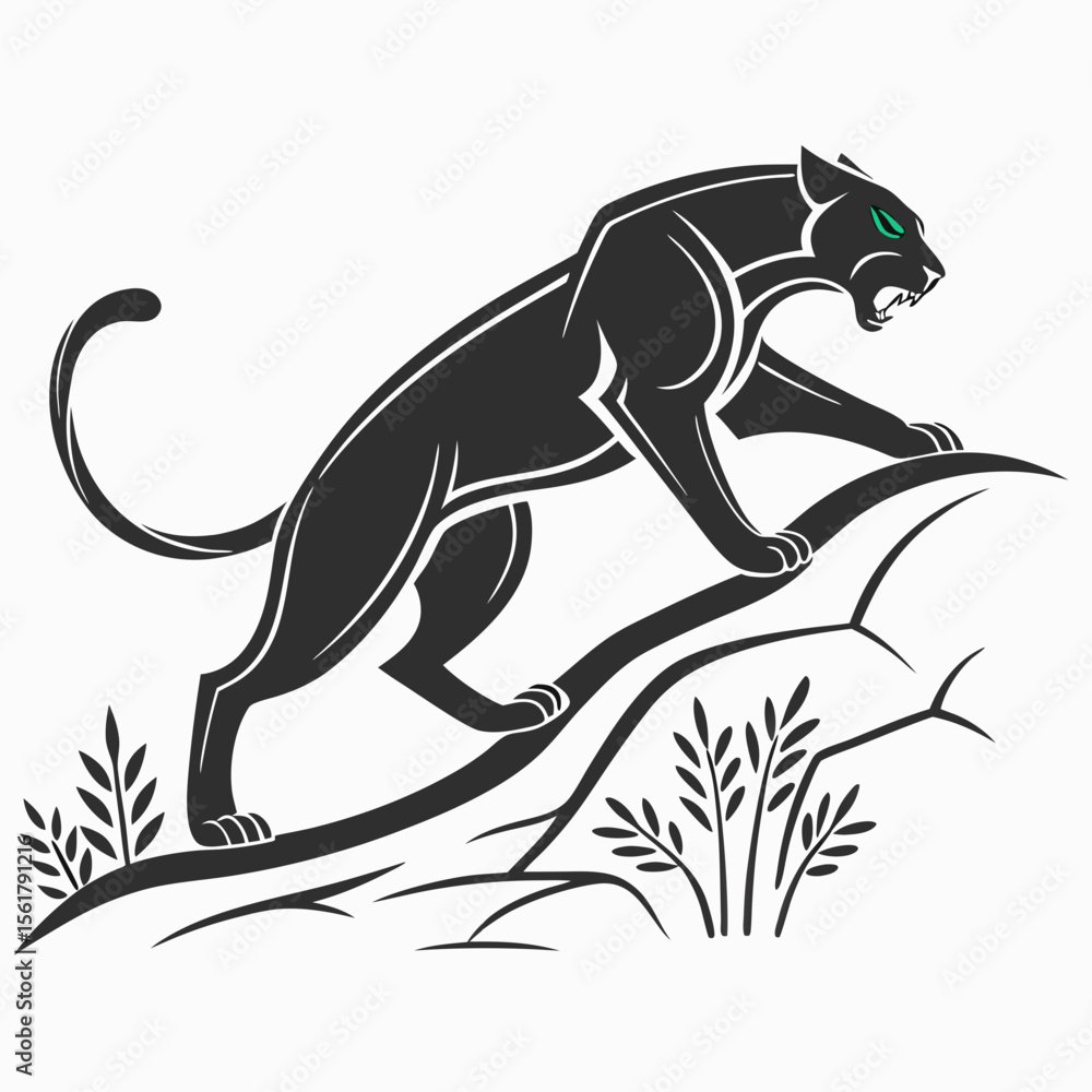 Obraz premium Powerful black panther silhouette atop a hill, perfect for logo design. A stylized silhouette of a black panther perched atop a stylized hill, evoking strength and wildness.
