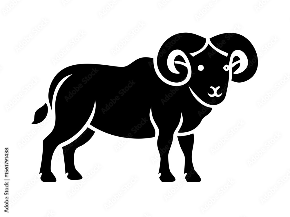 Fototapeta premium Silhouette of a ram, perfect for design elements and animal icons. A clean, bold silhouette of a ram, facing to the side, against a plain white background.
