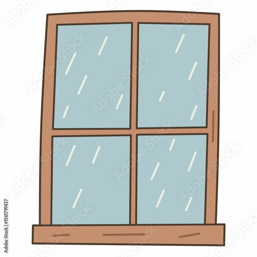 Cute flat illustration of a wooden window with raindrops. Ideal for cozy scenes, weather, indoor comfort, or rainy day visuals in children or seasonal designs.