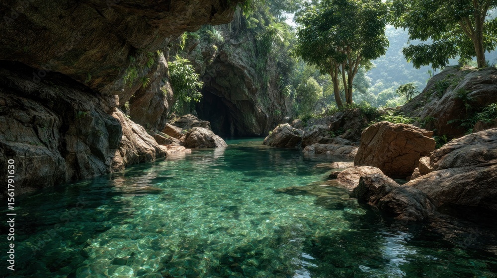 Naklejka premium Enigmatic river flowing through a cave passage in a lush tropical location