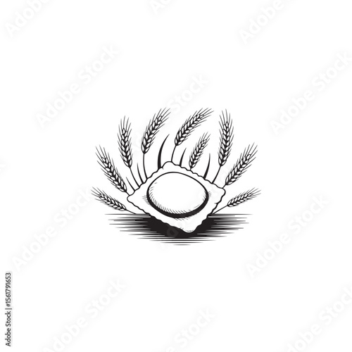 Hand-drawn tortellini pasta design with wheat stalks.Elegant black and white illustration of a tortellini pasta shape surrounded by wheat stalks.