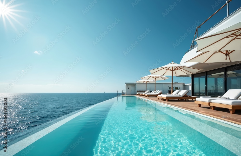 Fototapeta premium Luxury cruise ship pool with ocean view. Sun umbrellas, comfortable sunbeds. Clear blue sky, vacation lifestyle. Serene summer retreat, travel, vacation, relaxation.