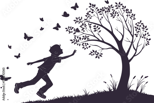  silhouette of a boy chasing butterflies near a tree.
