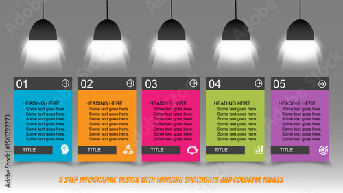 5 Step Infographic Design with Hanging Spotlights and Colorful Panels. Fully editable modern infographic vector elements SVG file compatible with PowerPoint, Illustrator, and most vector applications.