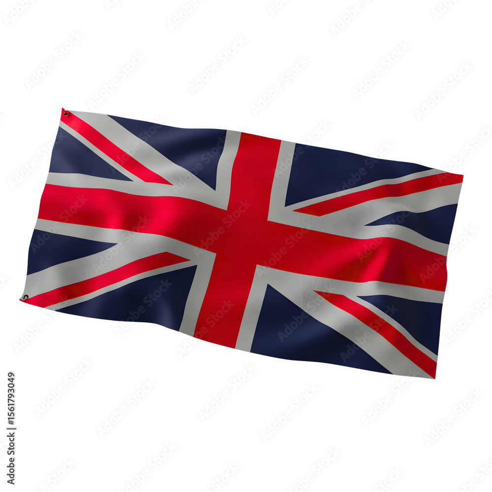 Fototapeta premium High-resolution waving United Kingdom flag (Union Jack) isolated on transparent background—perfect for websites, presentations, patriotic designs, and international graphics.