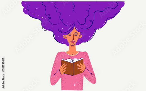 Young woman reading a book and having some fantasies, vector illustration of a girl with open book in her hands, fiction literature concept, personal development.
