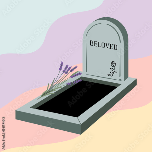 Tombstone with lavender, beloved, remembrance, grave, memorial, death, cemetery, funeral, flower