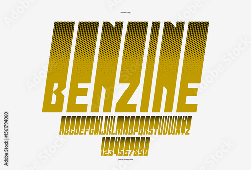 Halftone dotted futuristic cyberpunk font for logos and posters, vector brutal industrial typeface alphabet letters and numbers, urban technic future typography, italic version.