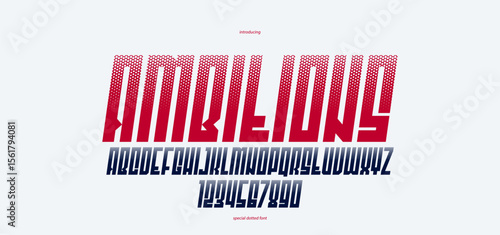 Halftone dotted futuristic cyberpunk font for logos and posters, vector brutal industrial typeface alphabet letters and numbers, urban technic future typography, italic version.