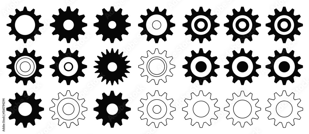 Set of black and outline gear wheels, cogwheel, mechanical parts, engineering concept Set of black and outline gear wheels, cogwheel, mechanical parts, engineering concept