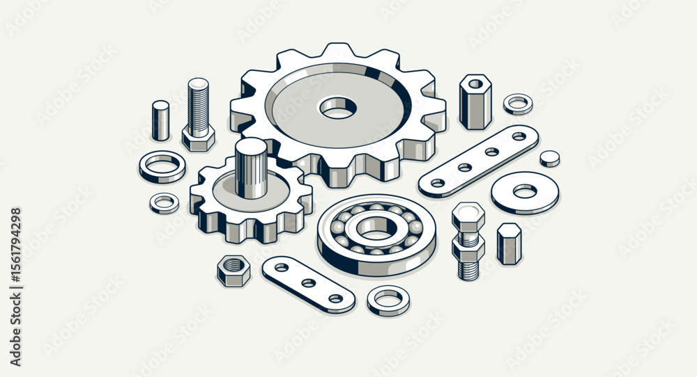 Obraz premium Engineer education concept, gears and cogs composition isometric 3D vector illustration, study science in university, engineering learning.