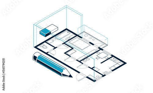 Floorplan implementation drawing with pencil, flat plan residential house or apartment blueprint, 3D isometric vector illustration, interior design project top view.