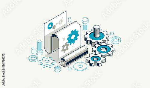 User manual and guideline concept, technics instruction brochure, paper sheet with gears 3D isometric vector illustration, engineering and repair tutorial.