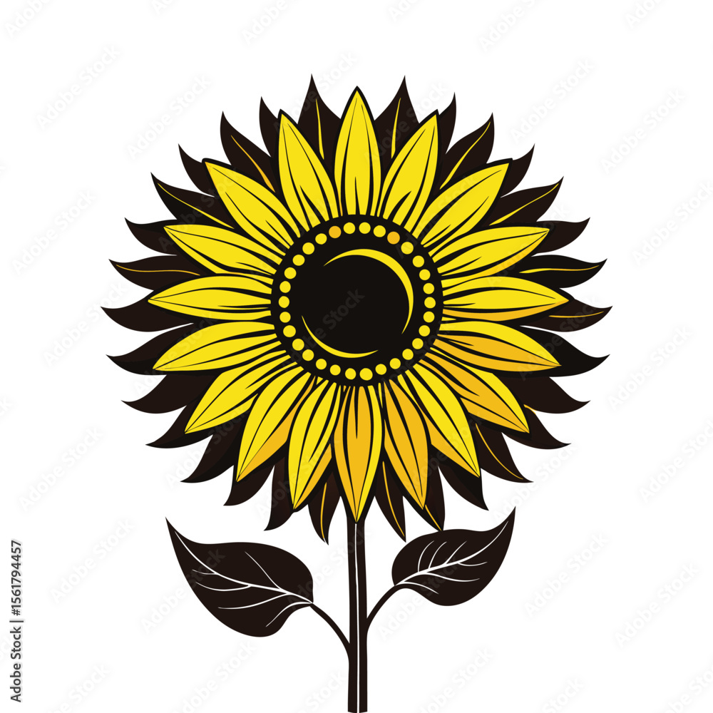 Fototapeta premium Silhouette of sunflower with sharp bold petals and stem, minimal black floral design, decorative botanical element illustration.