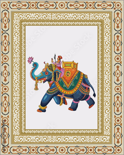 Traditional Mughal flower motif. Mughal wall paintings, botanical floral ethnic motif, Traditional Mughal flower motif, Traditional Mughal garden, forest, elephant ride, mahout in Thailand vector 