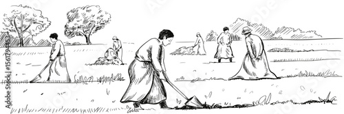 Sketch of diverse women farmworkers working with hoes in rural landscape