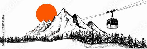 Mountain landscape, gondola lift, pine forest and orange sun illustration drawing