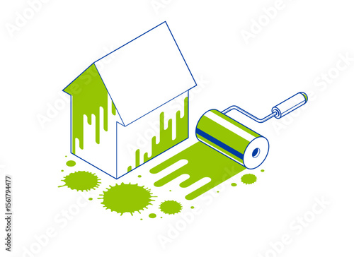 Painting house exterior walls vector 3D isometric illustration, diy facade paint renovation, residential small family house or cottage, outside painting building.