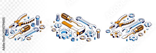 Repair and maintenance concept set, technics service, gears and tools in 3D isometric projection vector illustration, technical mechanical workshop.