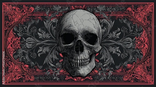 Ornate Skull with Baroque Frame.  A detailed human skull is centrally positioned against a dark background, framed by an elaborate red and black baroque-style border and floral accents