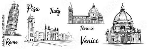 Italy travel sketch set: Rome, Pisa, Florence, Venice buildings and architecture