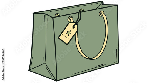 Green shopping bag with tag displayed in a simple design on a white background for commerce and lifestyle purposes